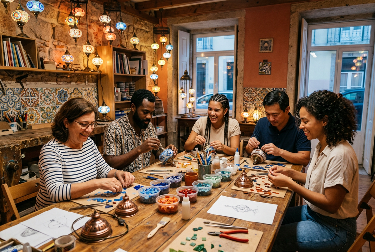 Equipa a montar candeeiros de mosaico numa sessão privada de team building em Lisboa