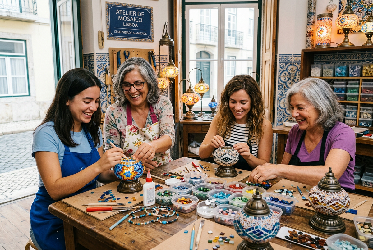 Grupo de amigas a criar candeeiros de mosaico num workshop em Lisboa