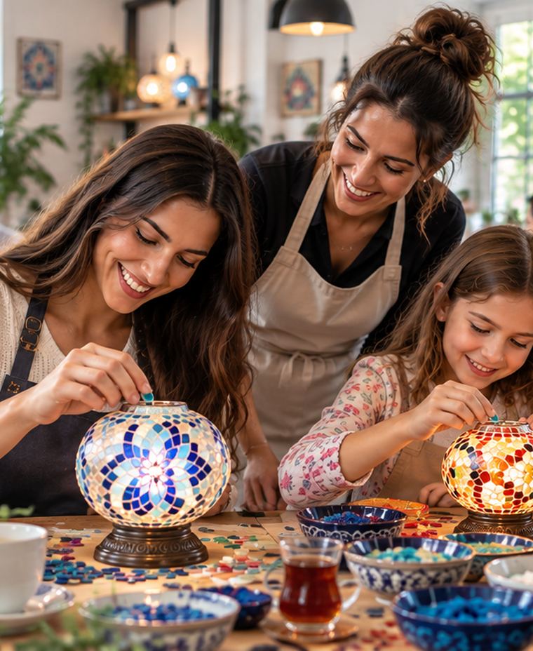 Instrutor a orientar makers na decoração das suas lâmpadas em mosaico